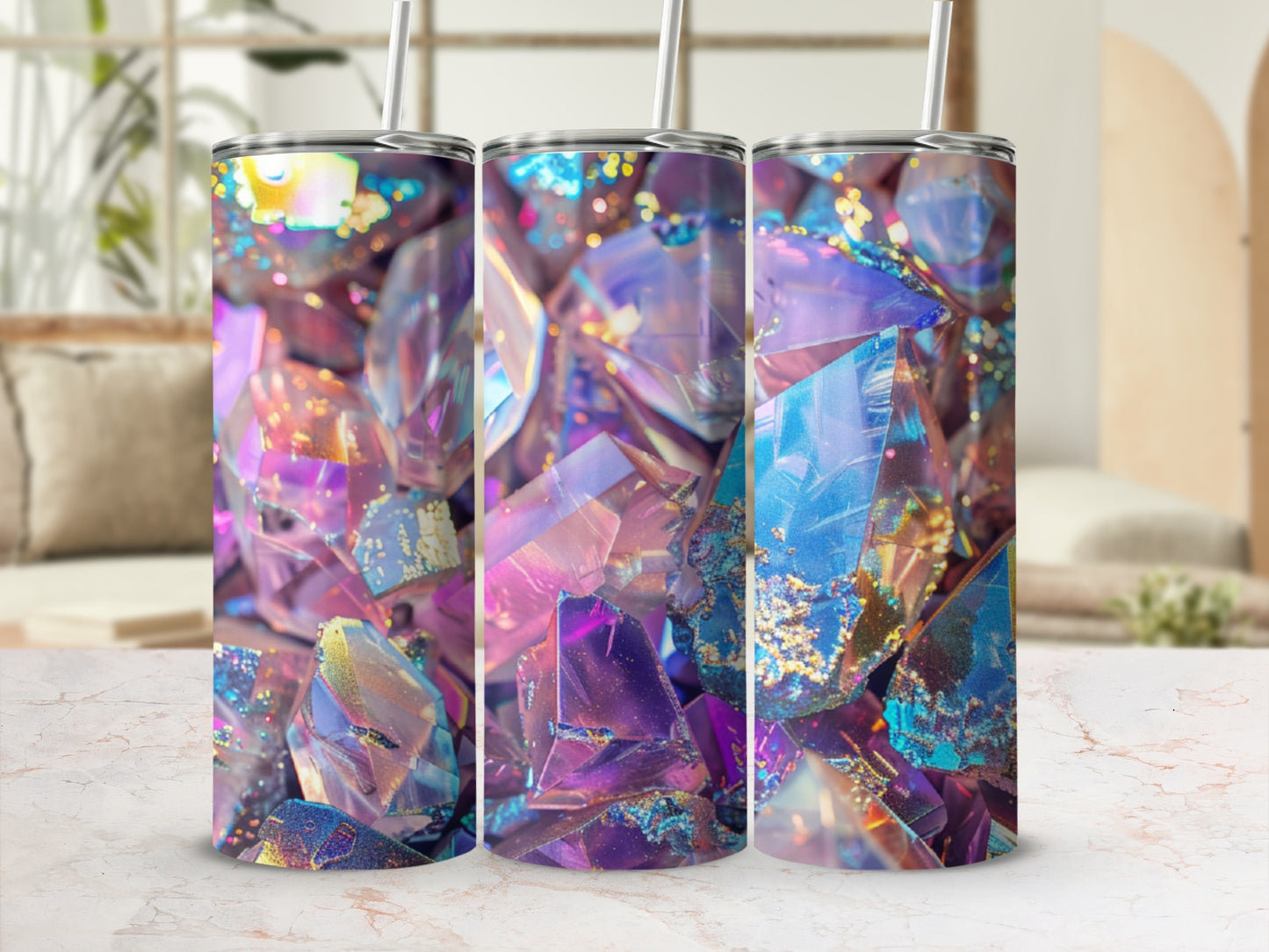 Three tumblers featuring a colorful, glittering crystal pattern.