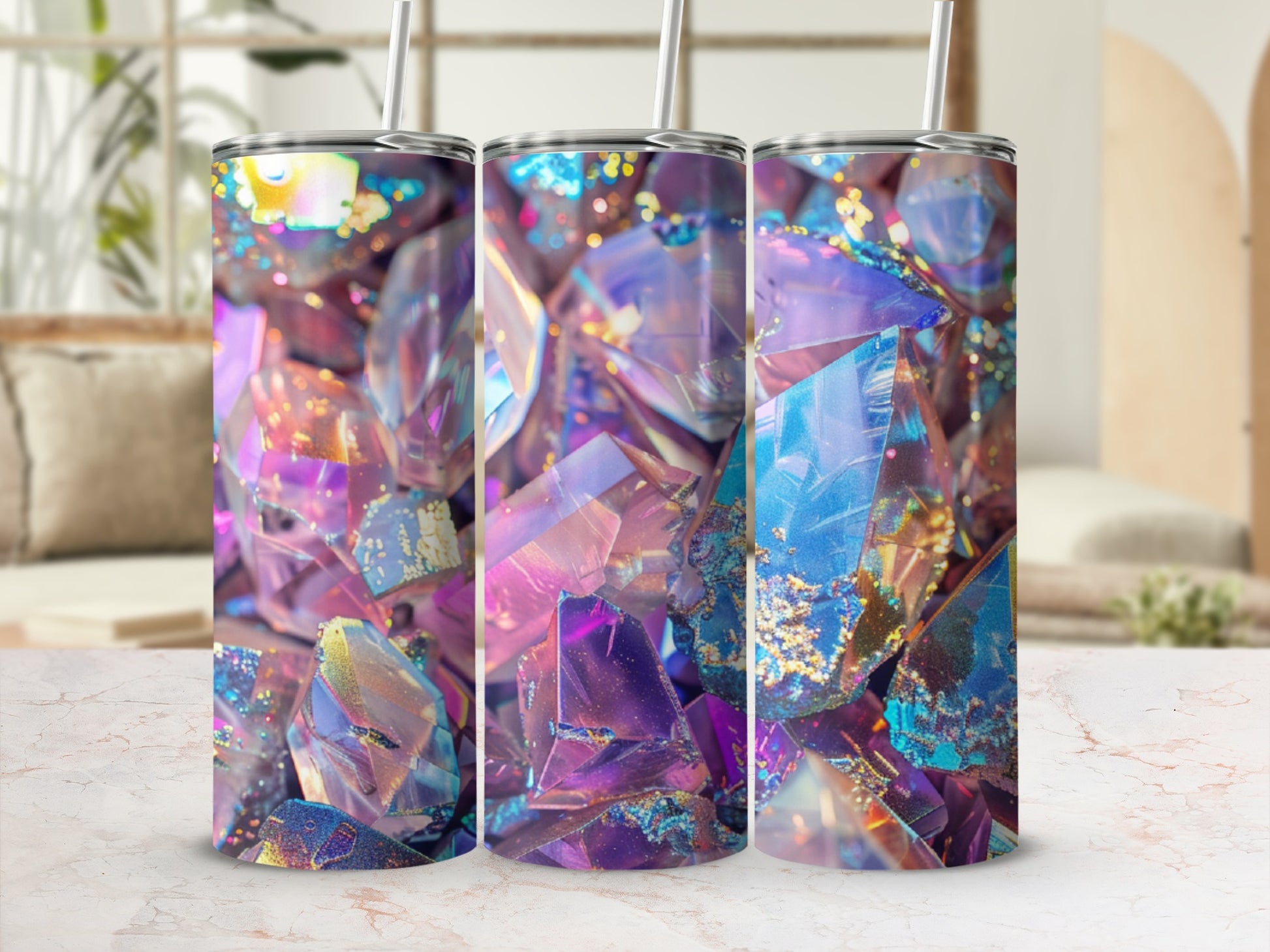 Three tumblers featuring a colorful, glittering crystal pattern.
