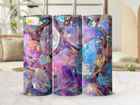 Three tumblers featuring a colorful, glittering crystal pattern.