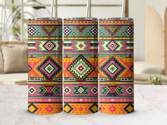 Three tumblers with colorful geometric Southwestern patterns on a marble surface.