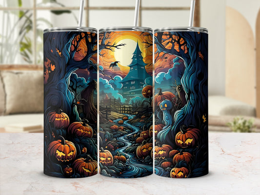 Halloween tumbler with a haunted scene featuring pumpkins, a spooky house, and a ghost.