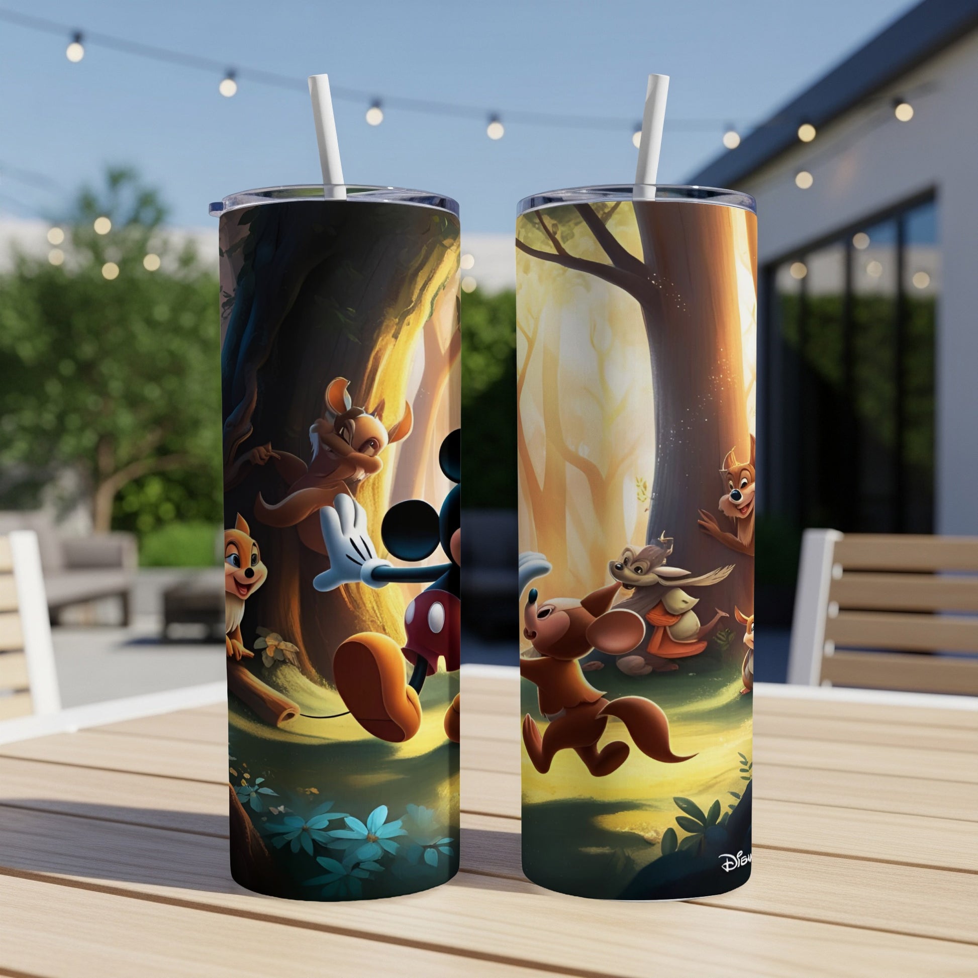 Mickey Mouse and friends in a forest scene on a white tumbler.