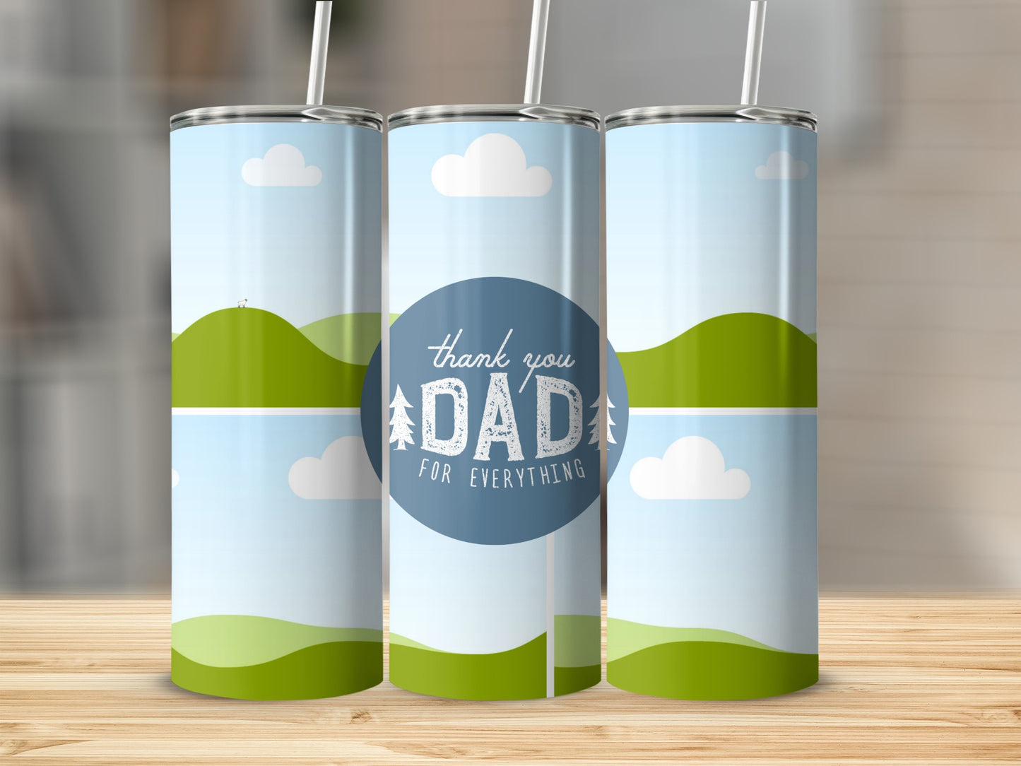 Tumblers with "Thank you DAD for everything" text and a landscape design.