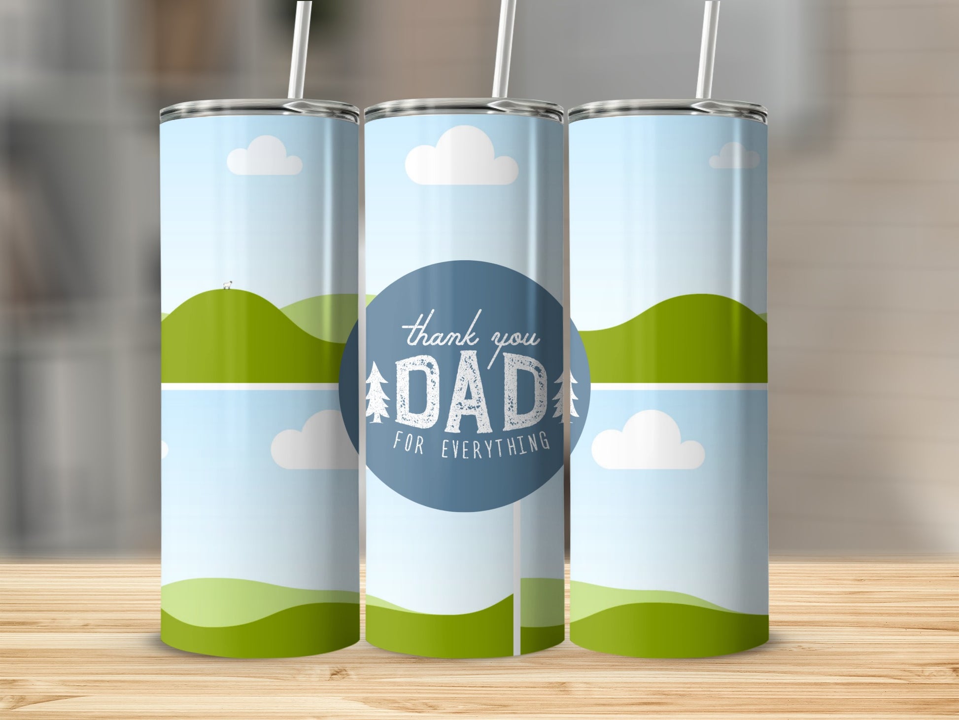 Tumblers with "Thank you DAD for everything" text and a landscape design.