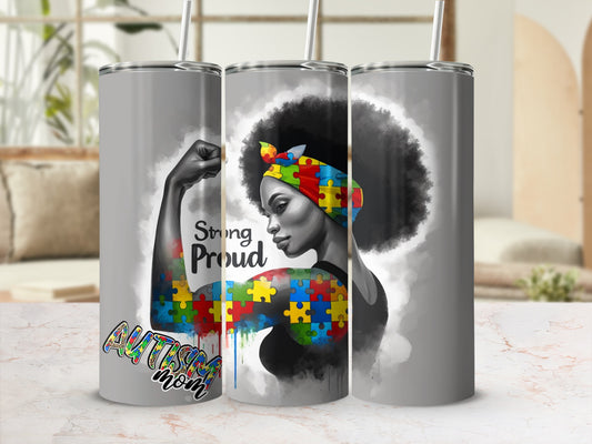 Tumbler featuring a strong Black woman with an afro, puzzle piece details, and "Autism Mom" text.