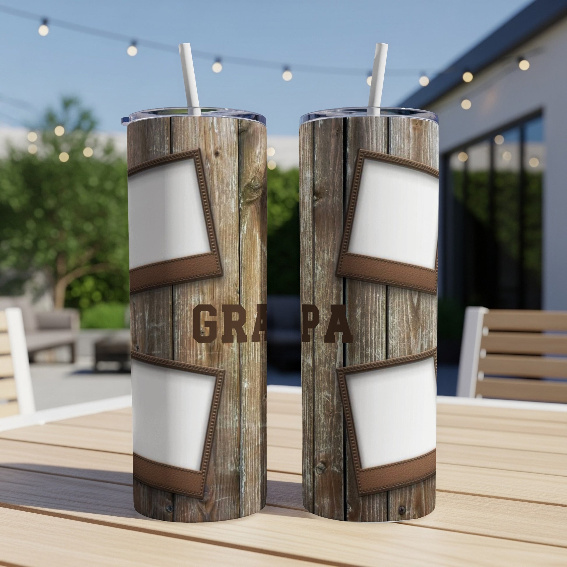 Two tumblers with wood grain and leather accents, featuring the word "GRAPPA".