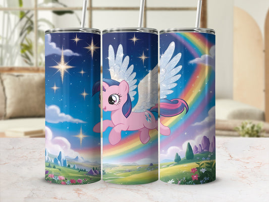 Pink pegasus unicorn with wings flying under a rainbow and stars.