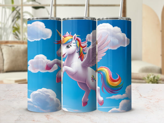 Three tumblers with a winged unicorn and rainbow mane against a blue sky with clouds.