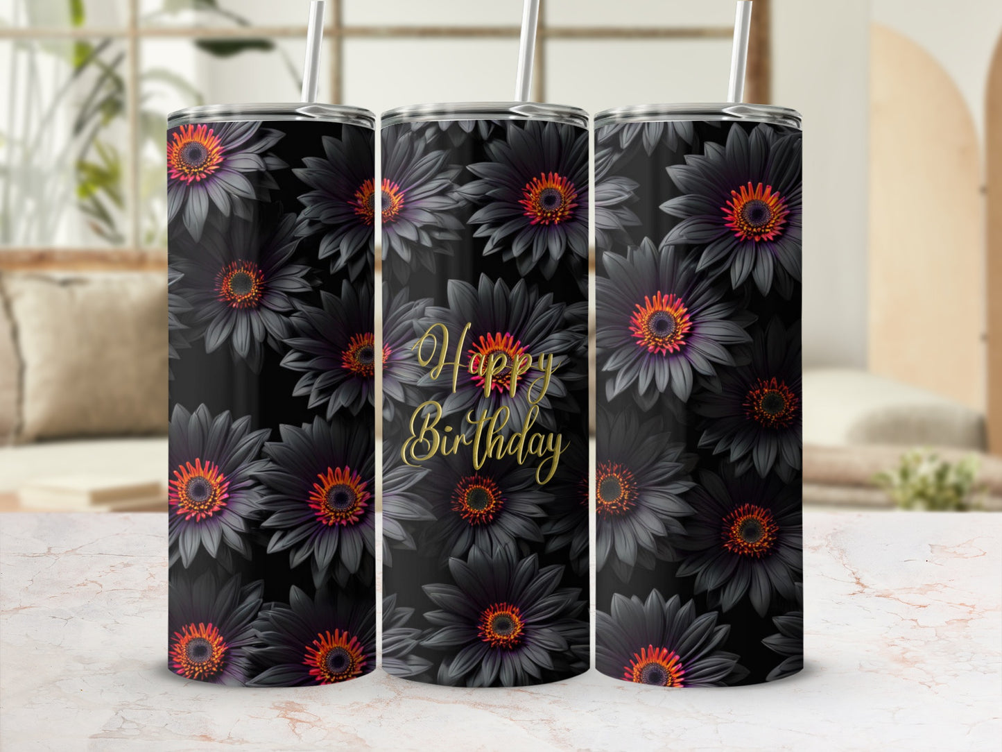 Black tumbler with dark floral pattern and "Happy Birthday" text.