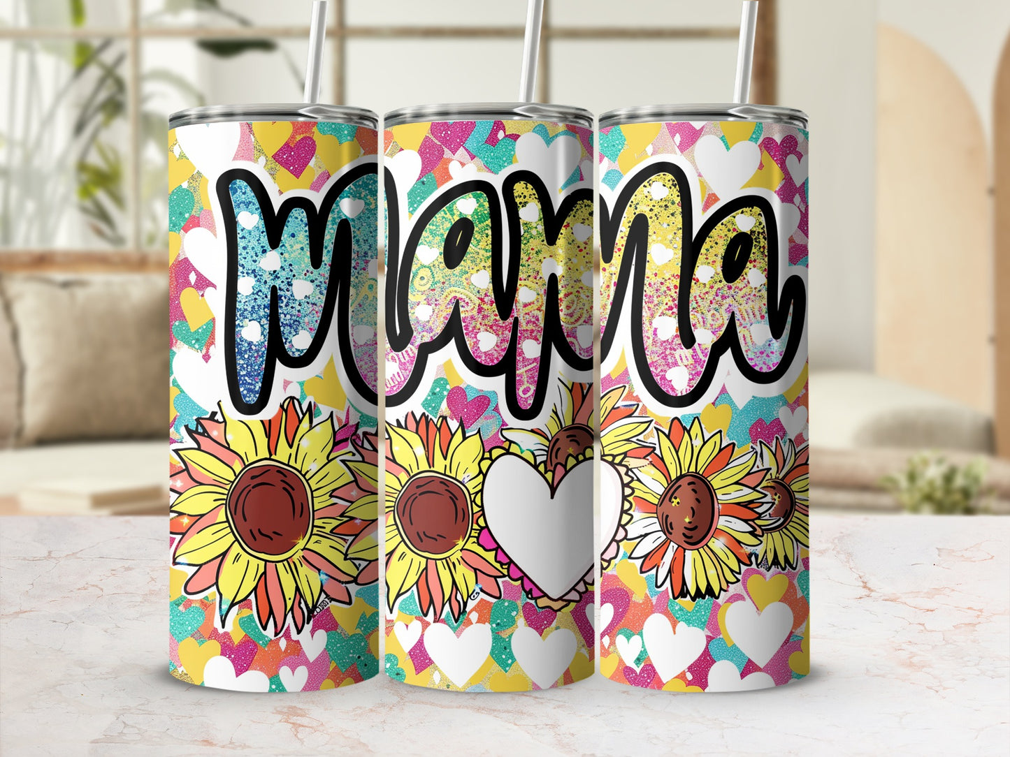 Colorful Mama Sunflower and Hearts Design Tumblers