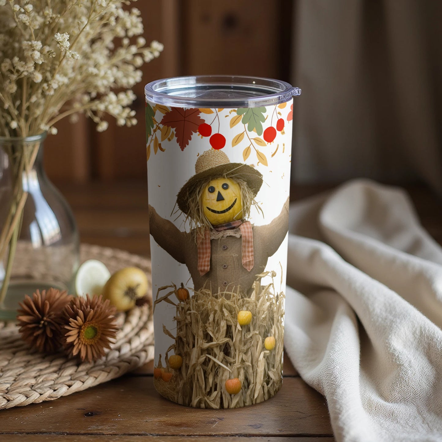 Autumn Themed Scarecrow Tumbler with Harvest Design
