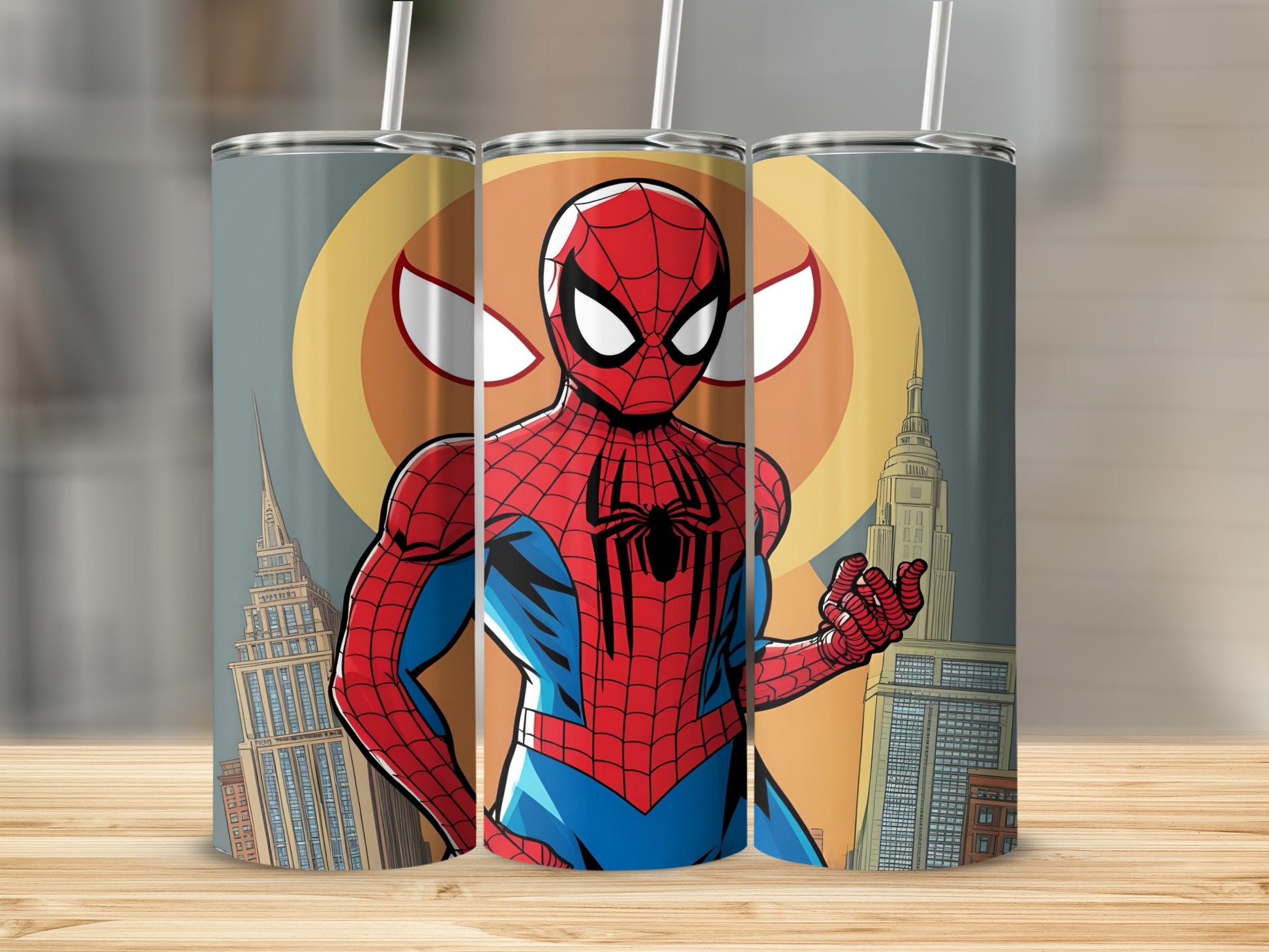 Spiderman illustration on a tumbler with city background.