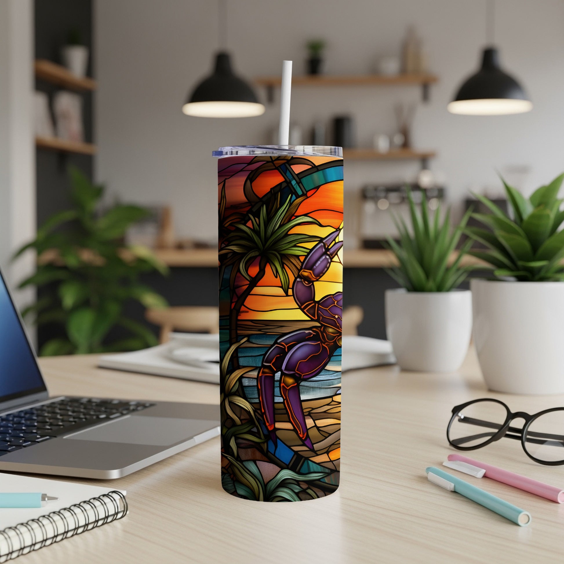 Crab on beach at sunset, stained glass design on a tumbler.