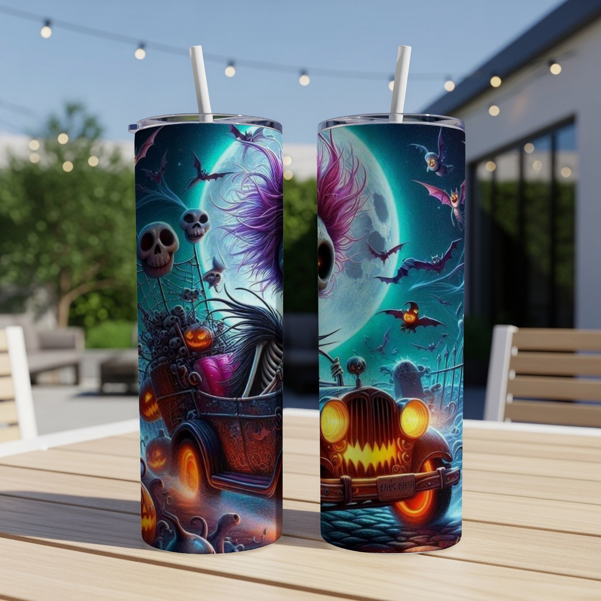 Halloween themed tumbler with skeletons, pumpkins, bats, and a full moon.