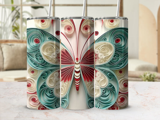 Three tumblers with a detailed red, teal, and cream quilled butterfly design.
