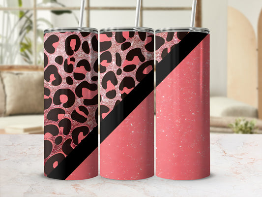 Pink leopard print and glitter design tumbler with straw.