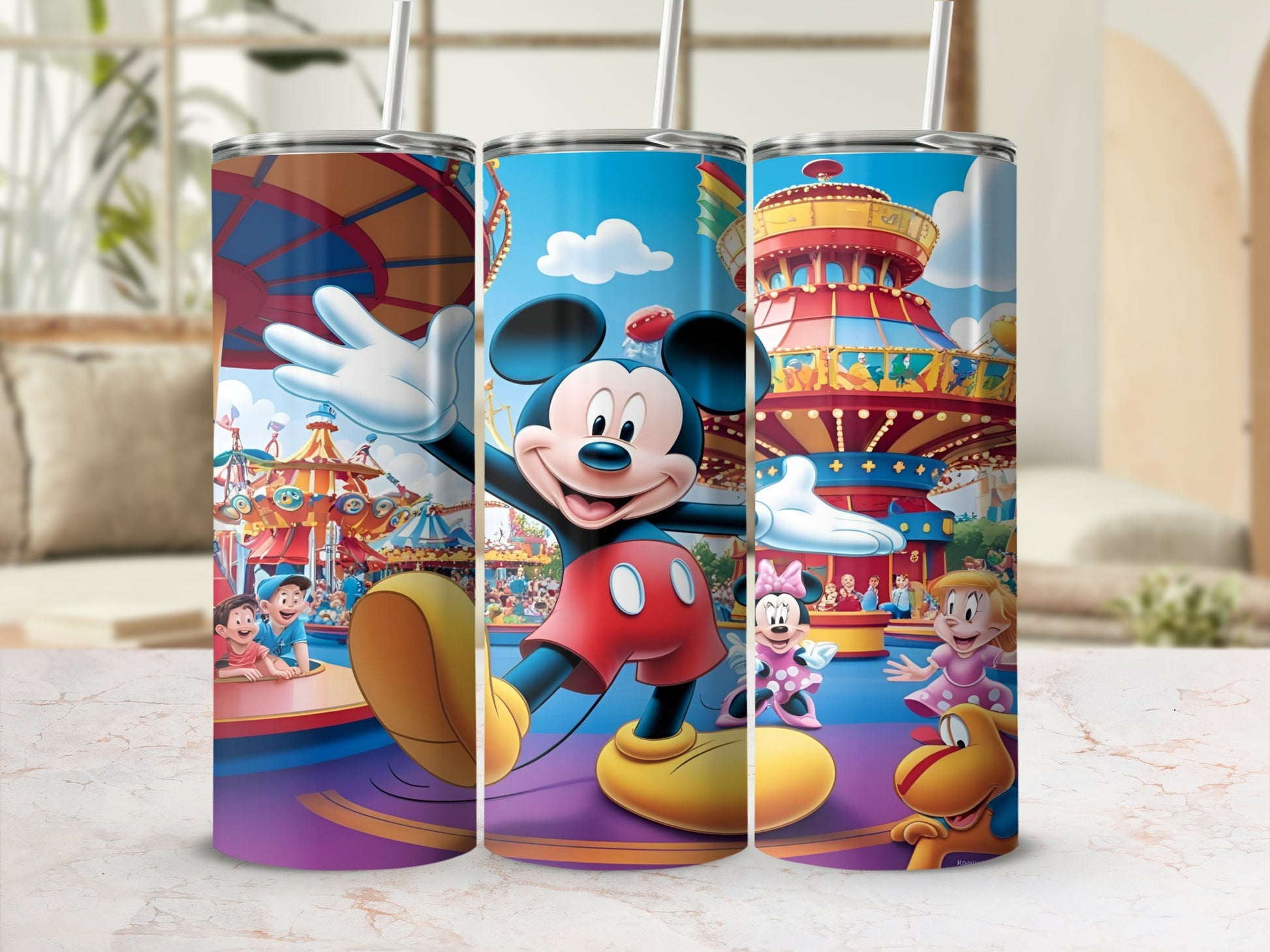 Mickey Mouse and friends at a colorful amusement park on a travel tumbler.