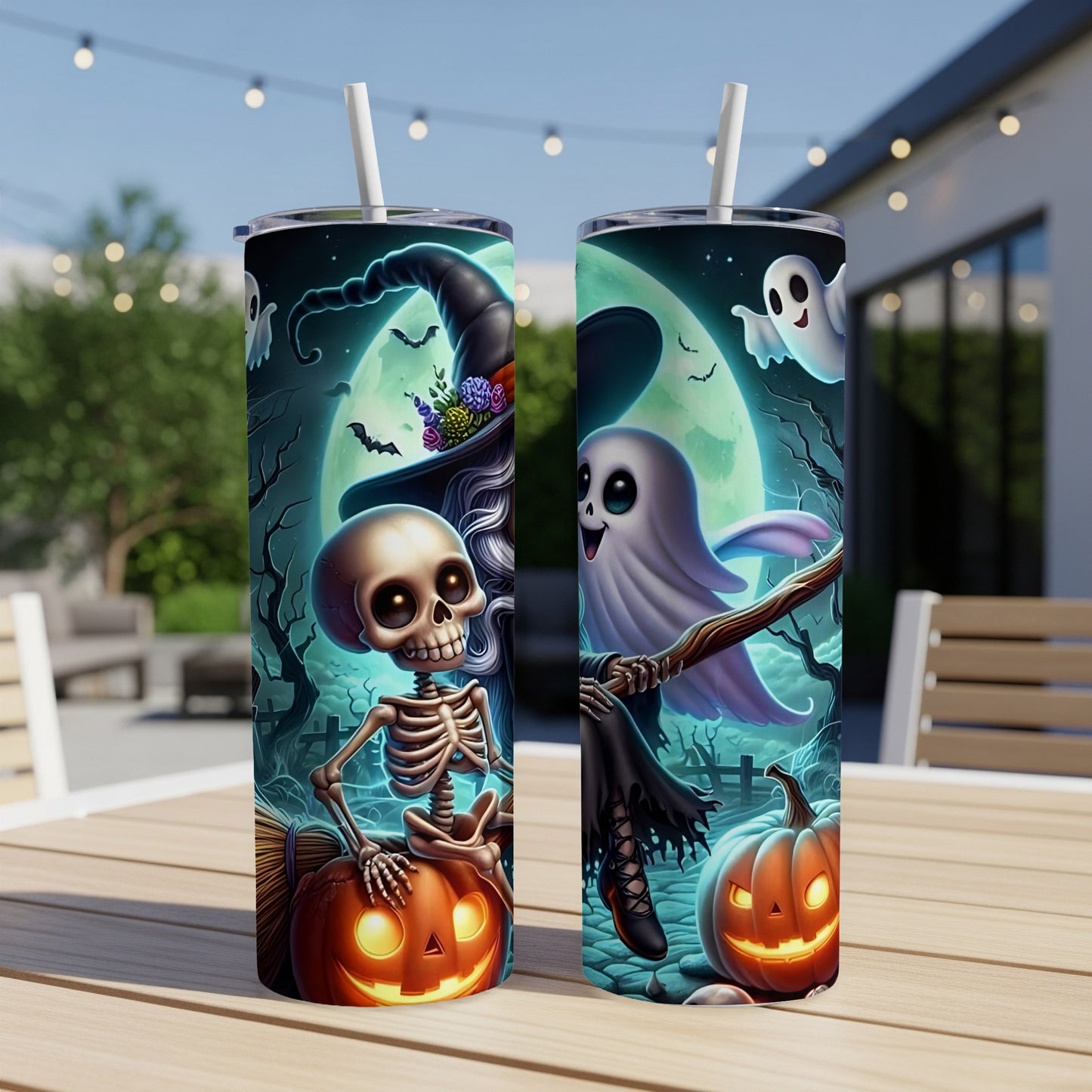 Halloween tumblers with a skeleton, ghost, witch hat, and jack-o'-lantern design.