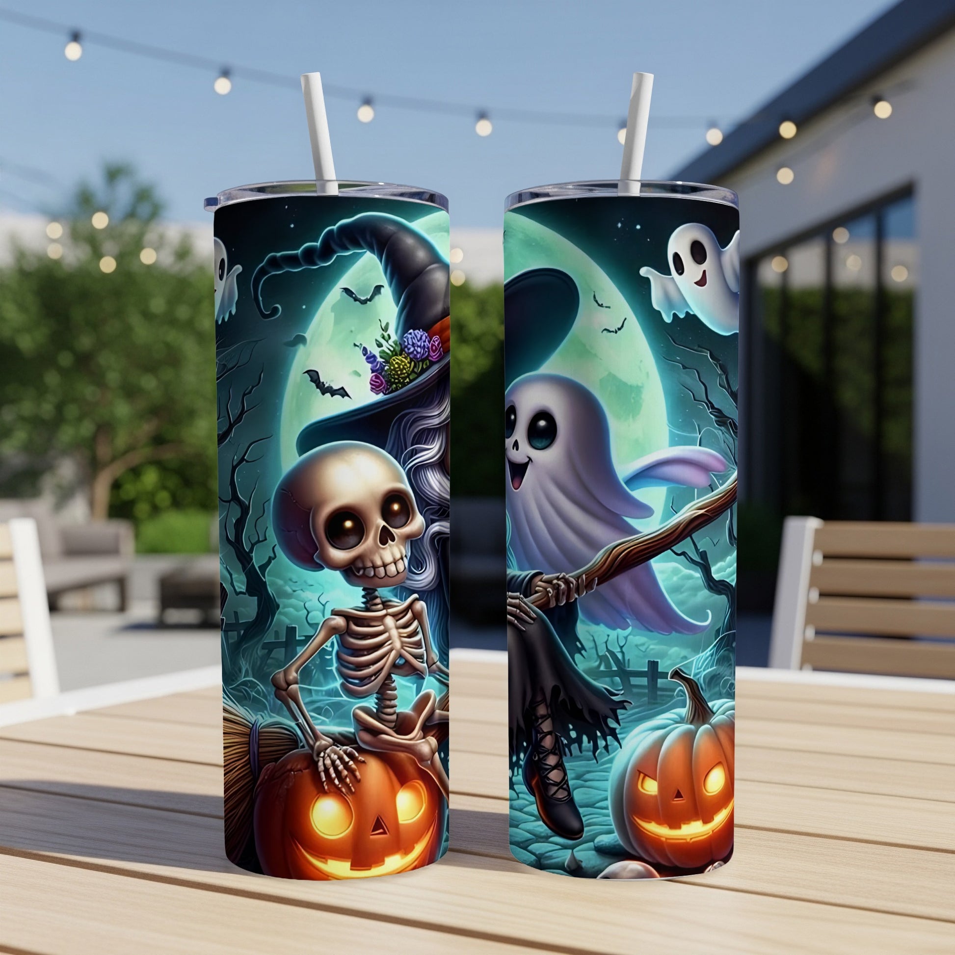 Halloween tumblers with a skeleton, ghost, witch hat, and jack-o'-lantern design.