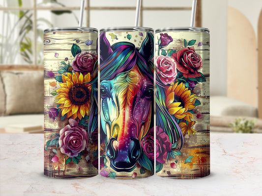 Colorful horse portrait with sunflowers and roses on wood grain tumbler.