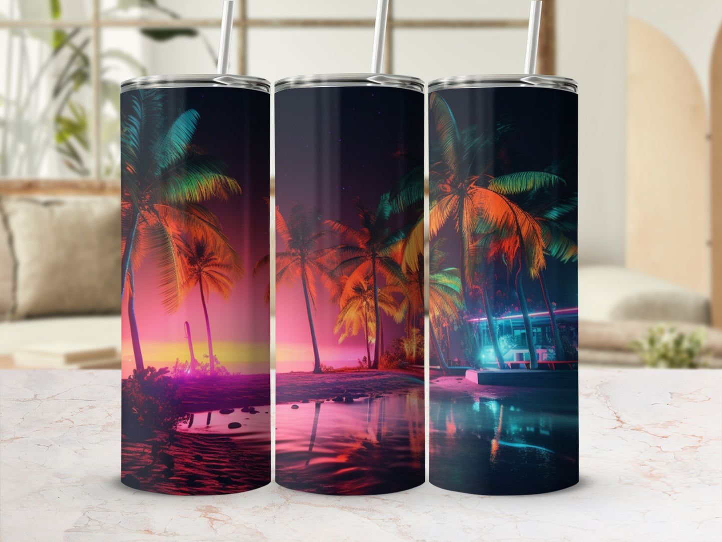 Vibrant Neon Glow Tropical Paradise Design Tumbler