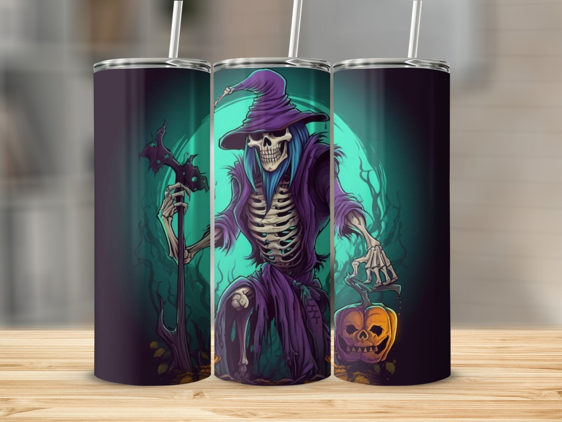 Skeleton wizard holding staff and pumpkin on Halloween-themed tumblers.
