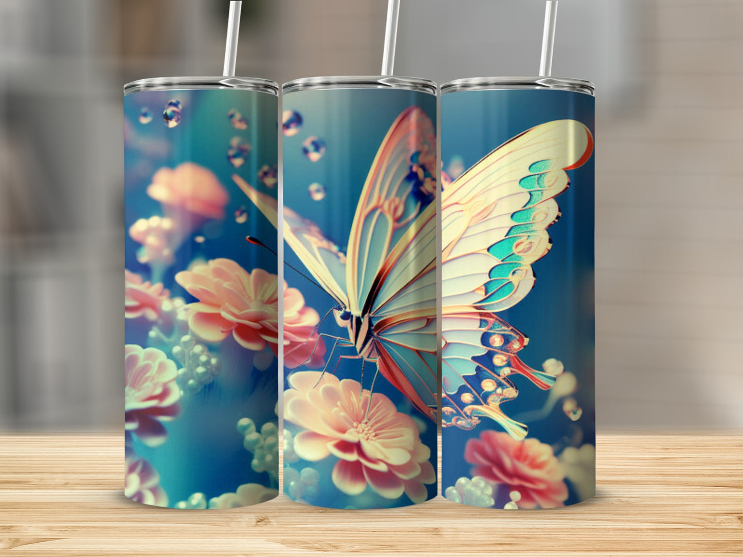 Butterfly and flowers on a blue background, digital art.