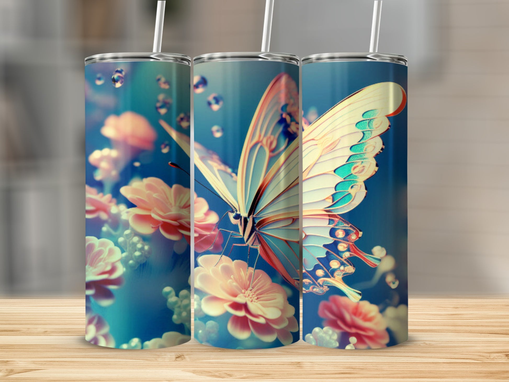 Butterfly and flowers on a blue background, digital art.