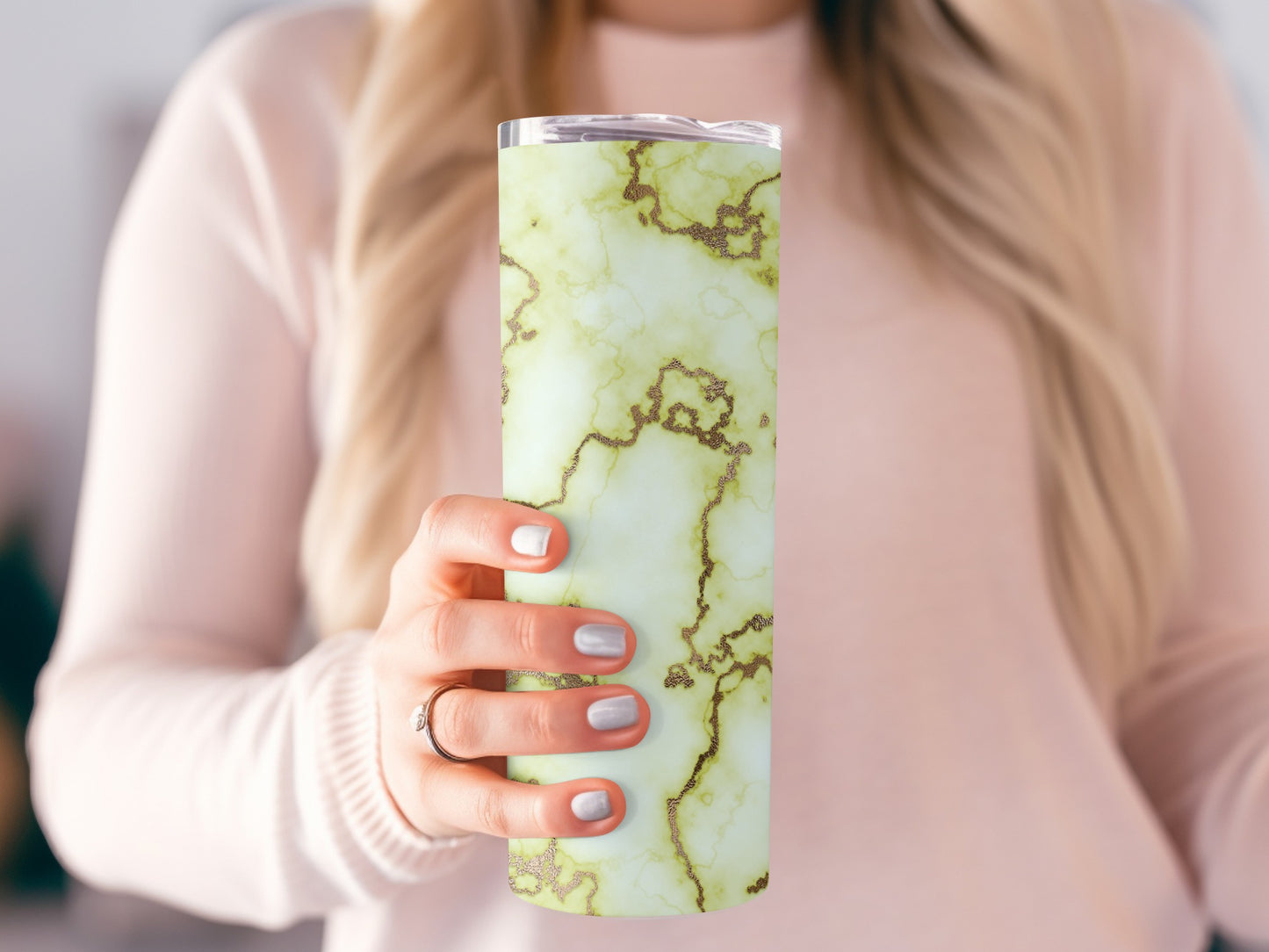 Olive Green Swirls on Pale Yellow Marble Texture Tumblers