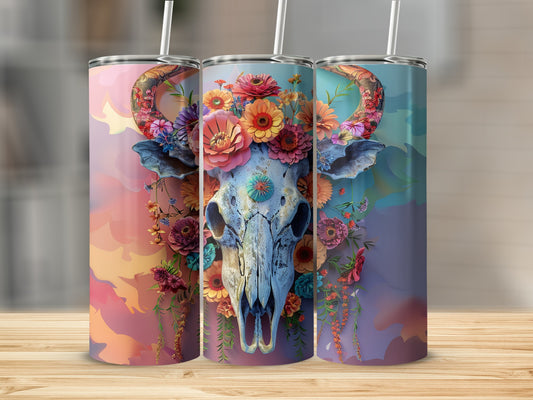 Floral skull tumbler with pastel gradient background.