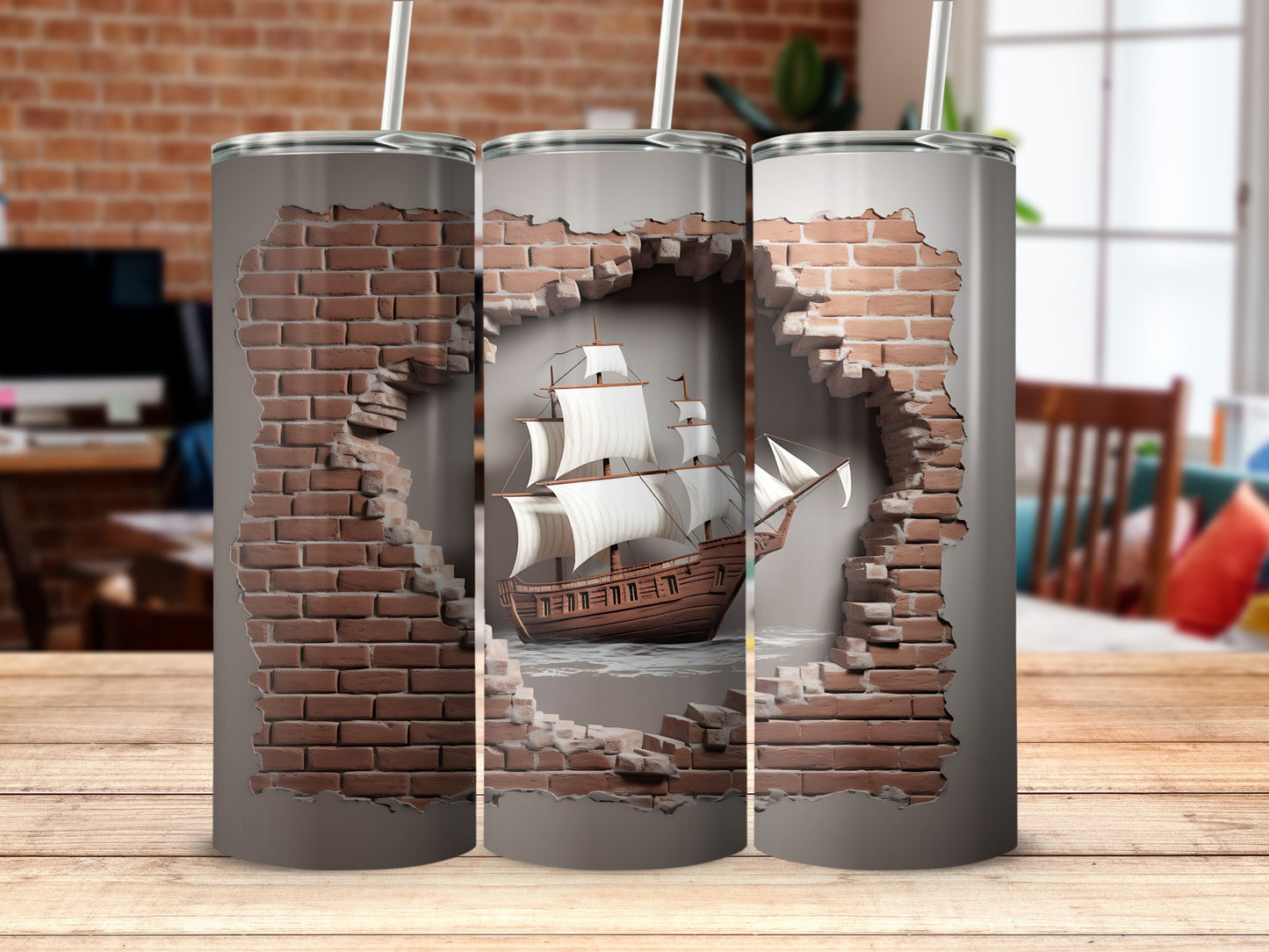 Sailing Ship Breaking Through Brick Wall Tumbler