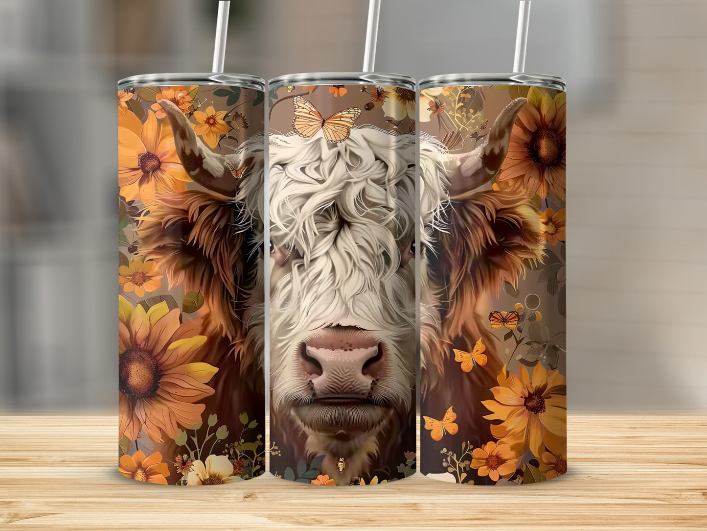 Highland cow with sunflowers and butterflies on a tumbler.