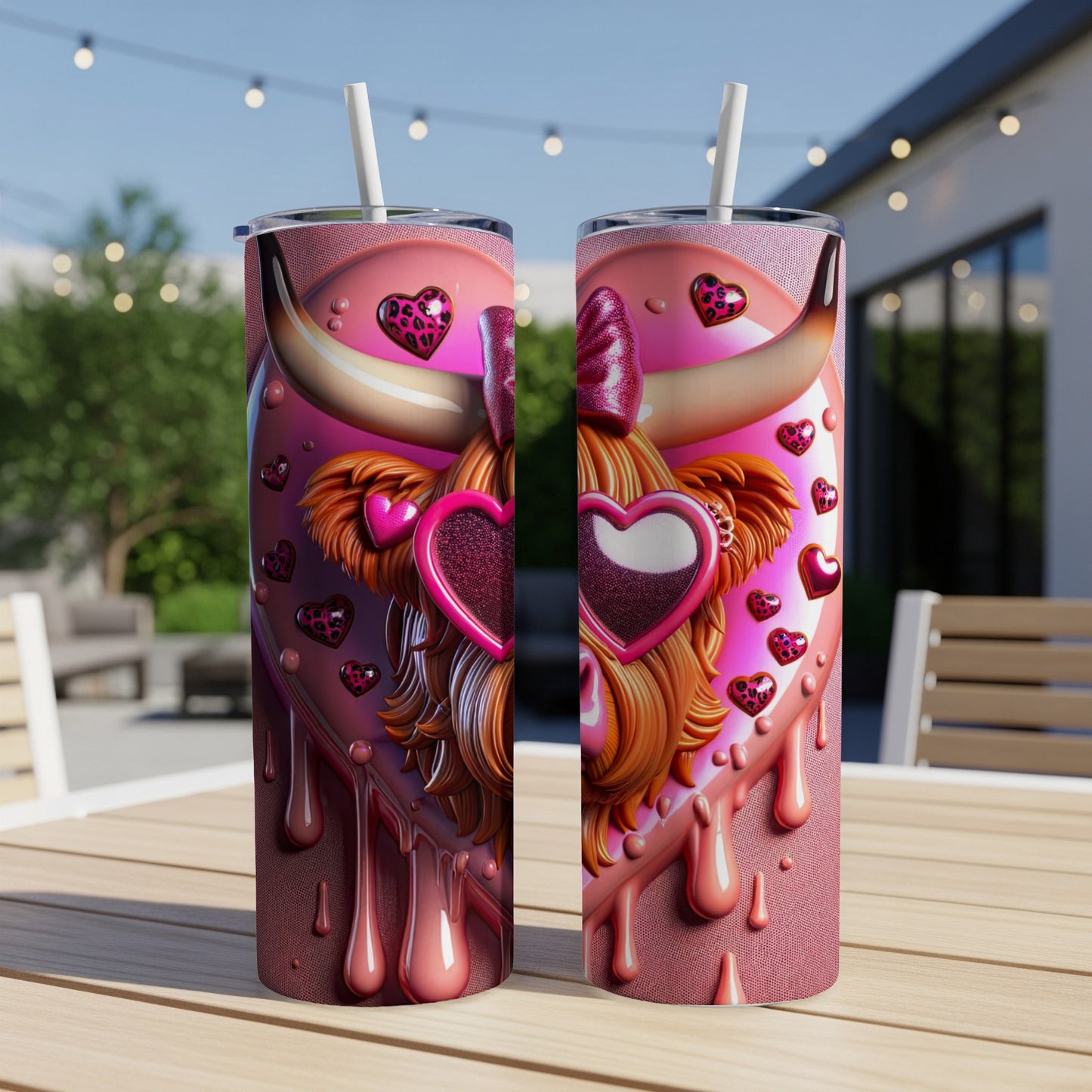 Pink tumbler with a Highland cow design featuring hearts and glitter.