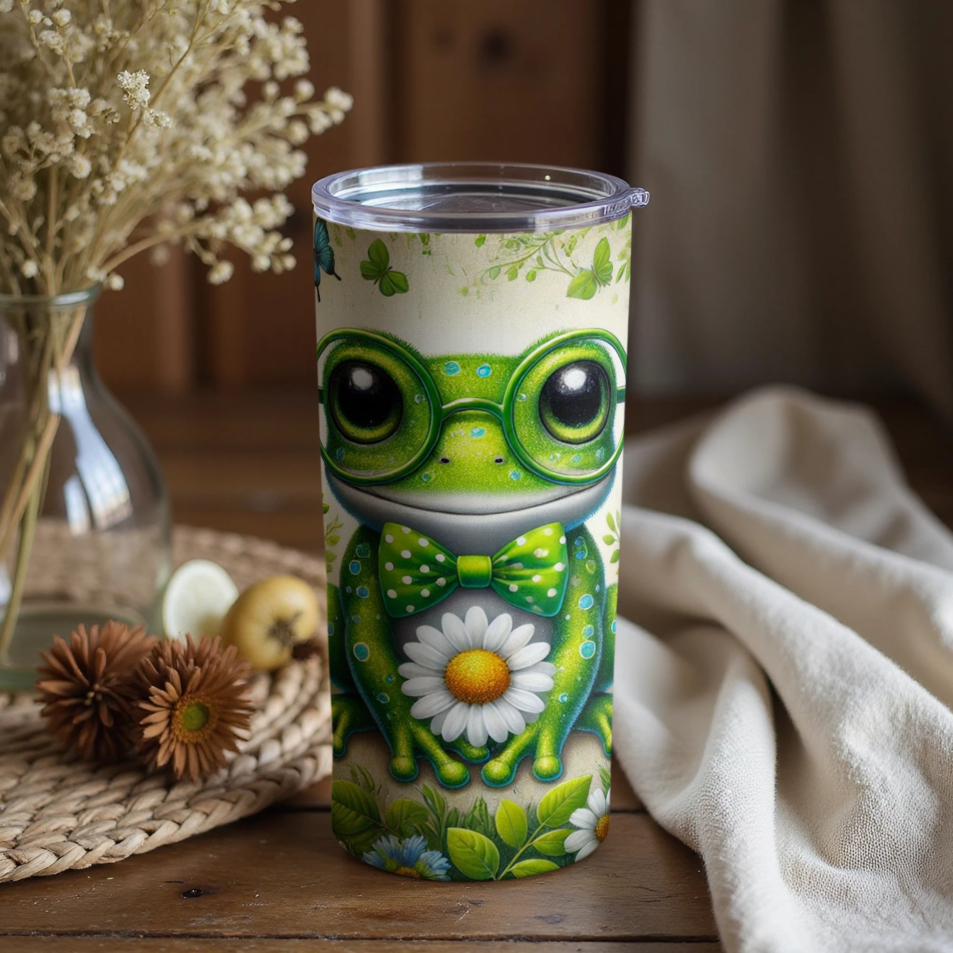 Cute Green Frog with Glasses Tumbler for Coffee Lovers