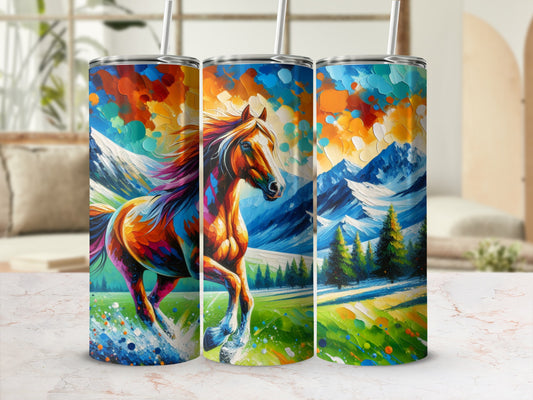 Colorful galloping horse with vibrant abstract background.