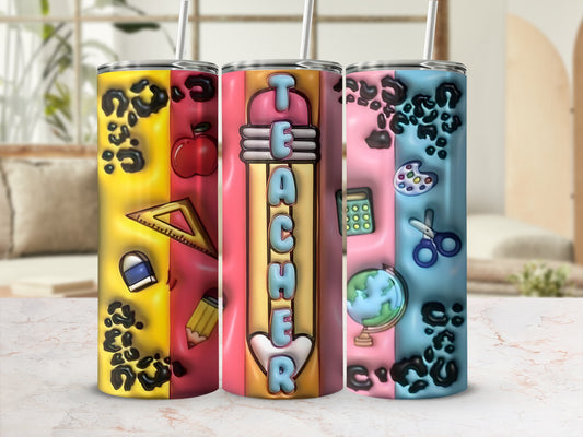 Teacher tumbler with school supplies on colorful leopard print background.