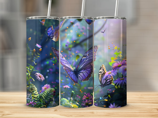 Three purple butterfly tumblers with floral and light effects.
