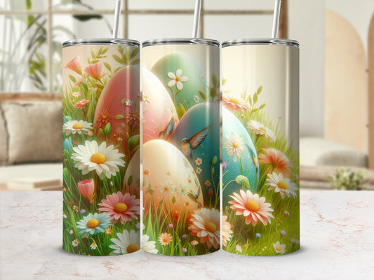 Easter eggs with floral designs and birds in a grassy meadow.