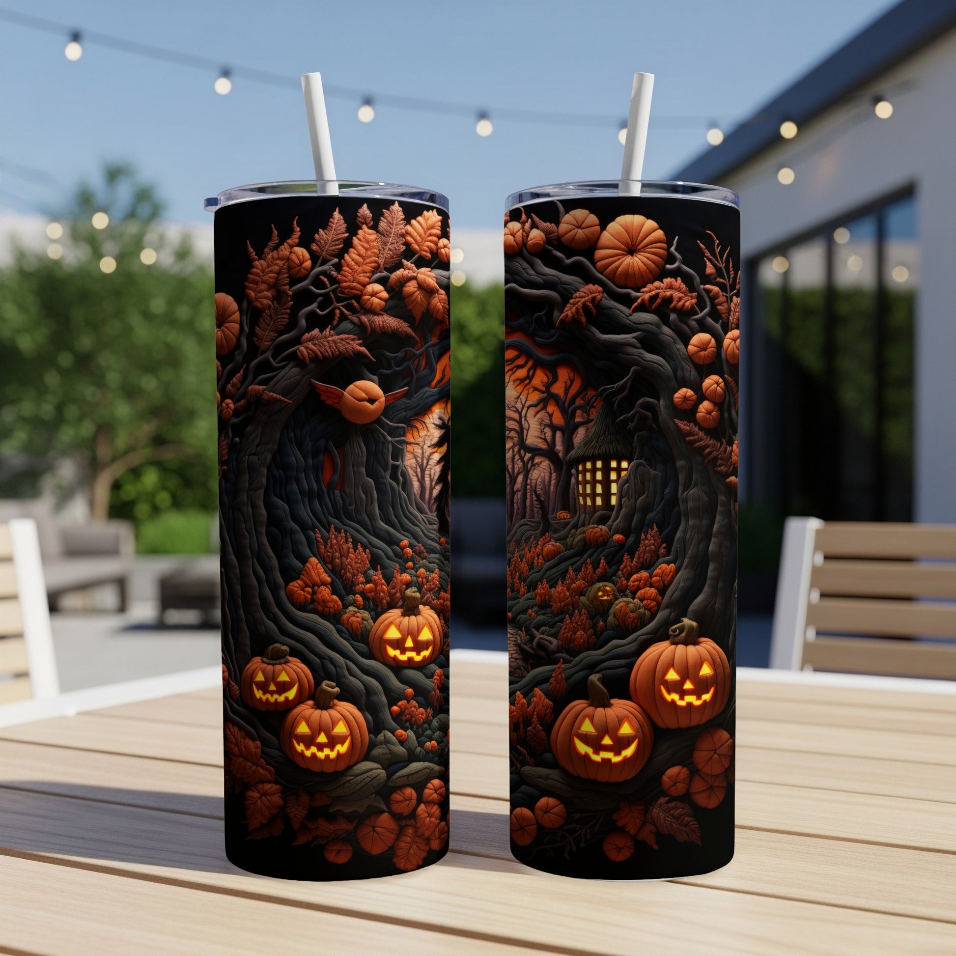 Two tumblers with a dark Halloween forest scene featuring carved pumpkins and bare trees.