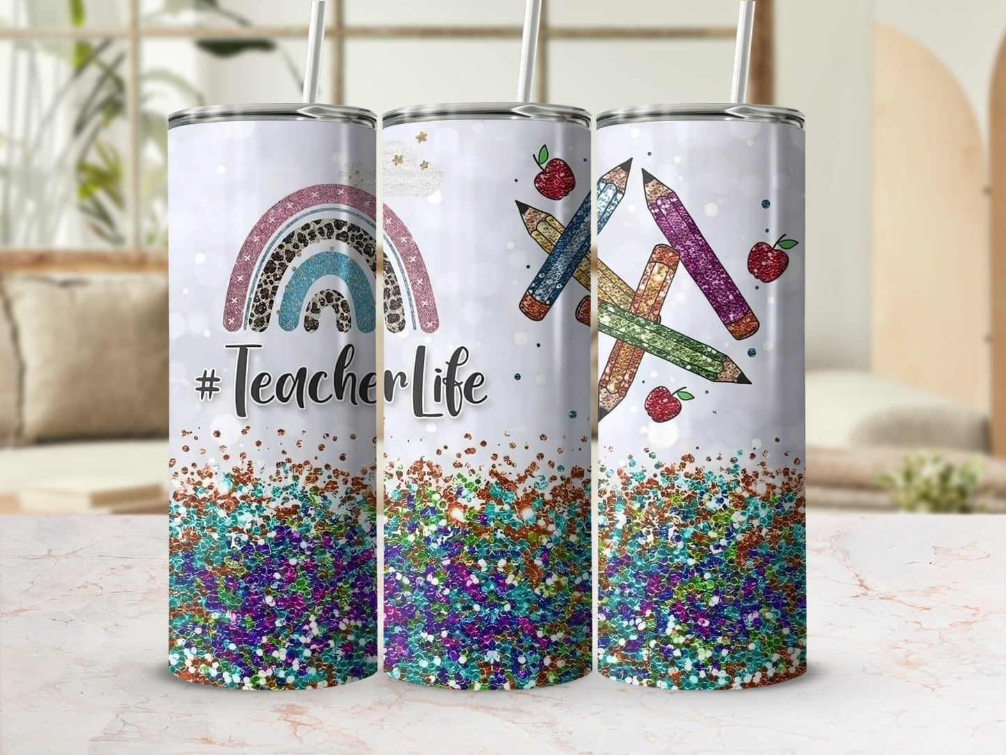 Colorful Glittery #TeacherLife Tumbler with Straw