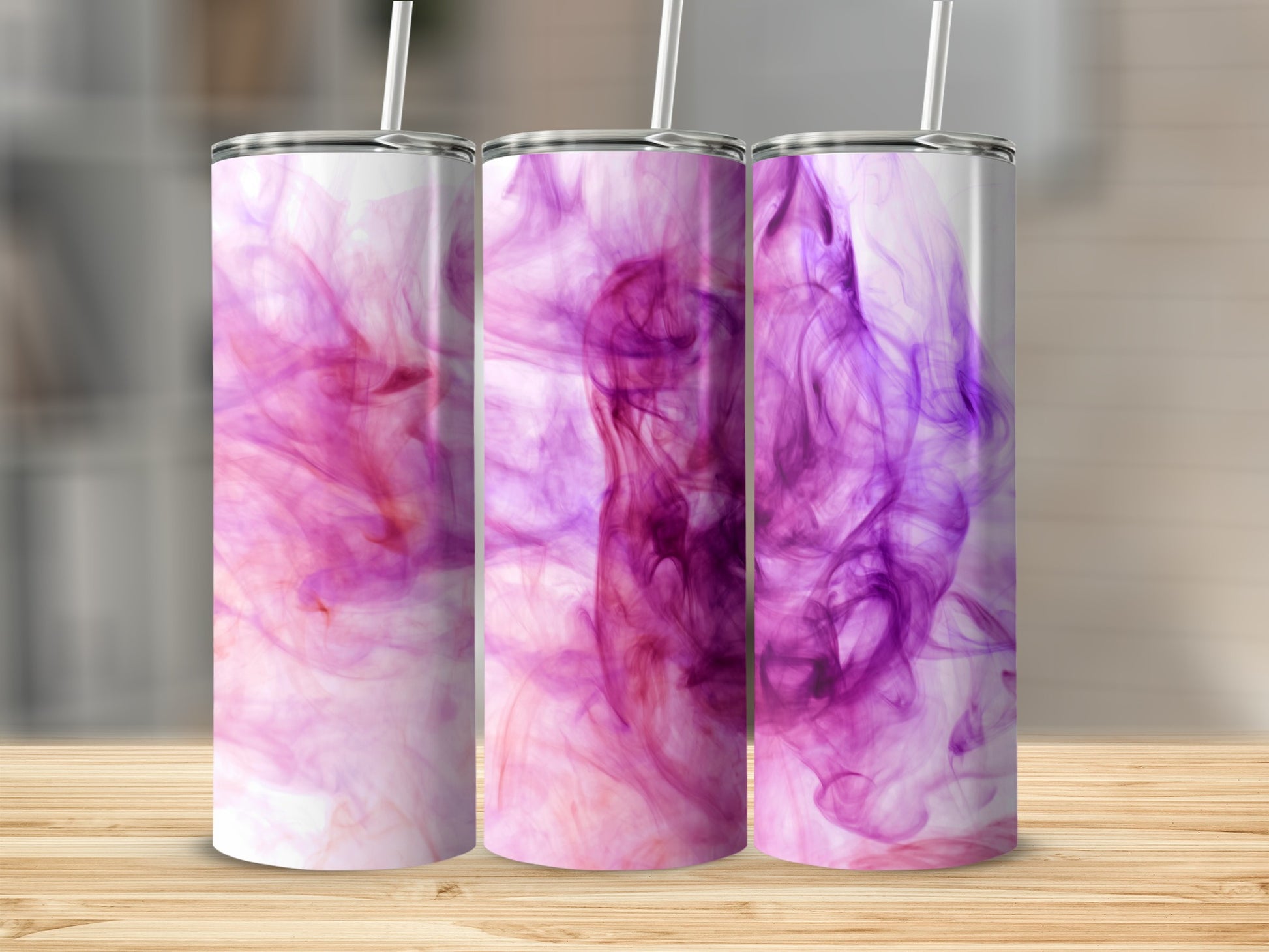 Three tumblers with pink and purple abstract smoke design.