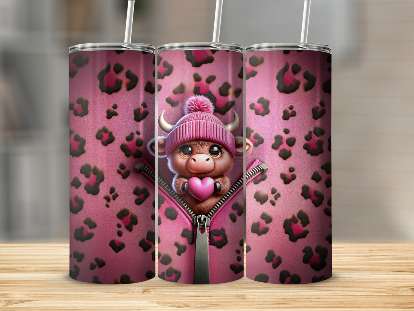 Pink leopard print tumbler with cute cartoon cow wearing a hat and holding a heart.