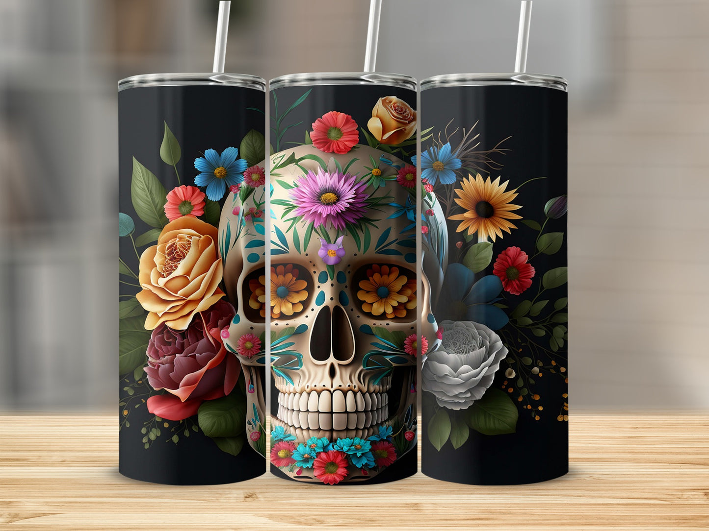 Floral Skull Art Tumbler Travel Mug for Beverages