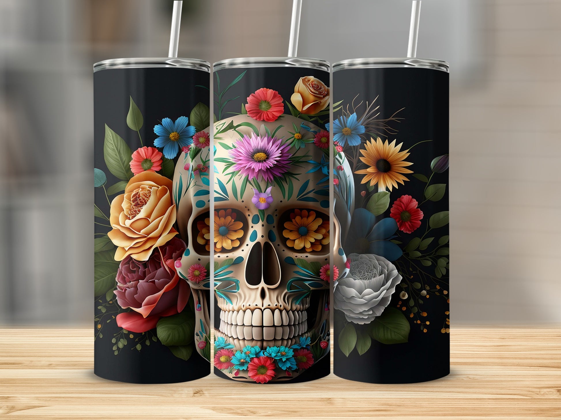 Floral Skull Art Tumbler Travel Mug for Beverages