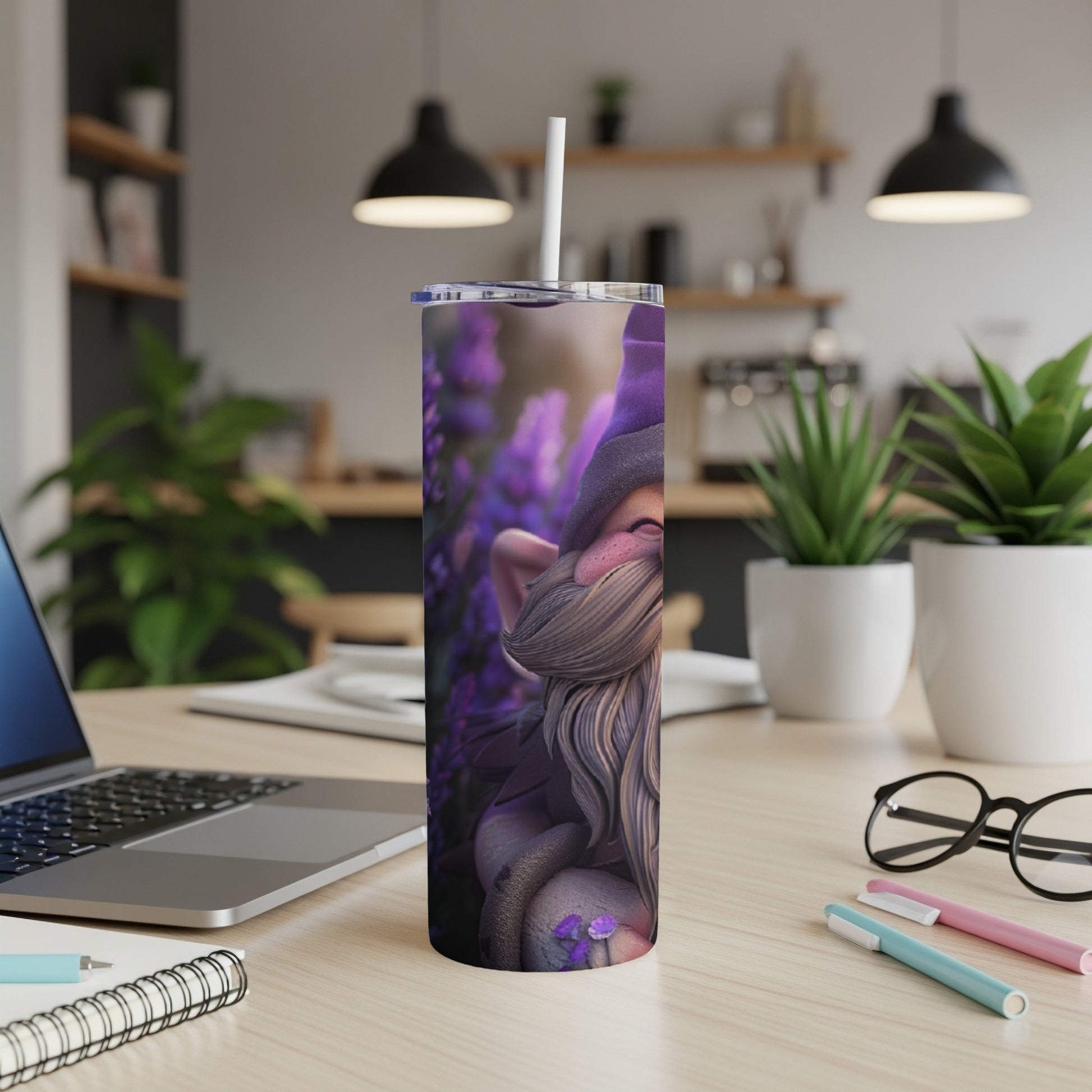 Gnome tumbler with purple hat and beard, lavender in background.