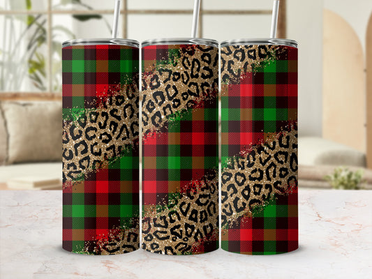 Tartan and leopard print tumbler with gold glitter accents.