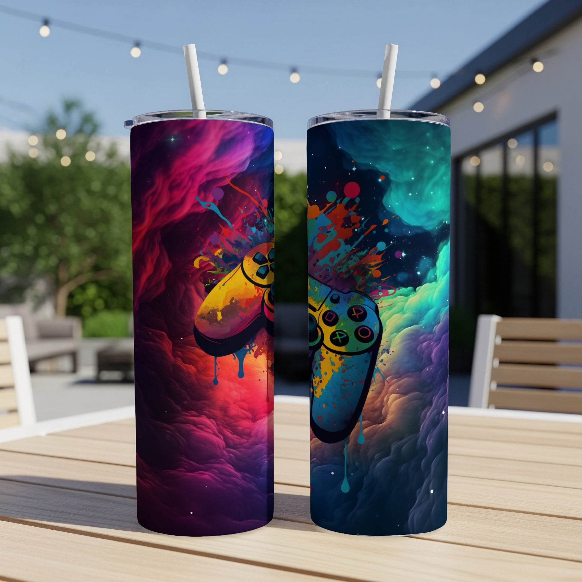 Two tall tumblers featuring a colorful, abstract video game controller design.