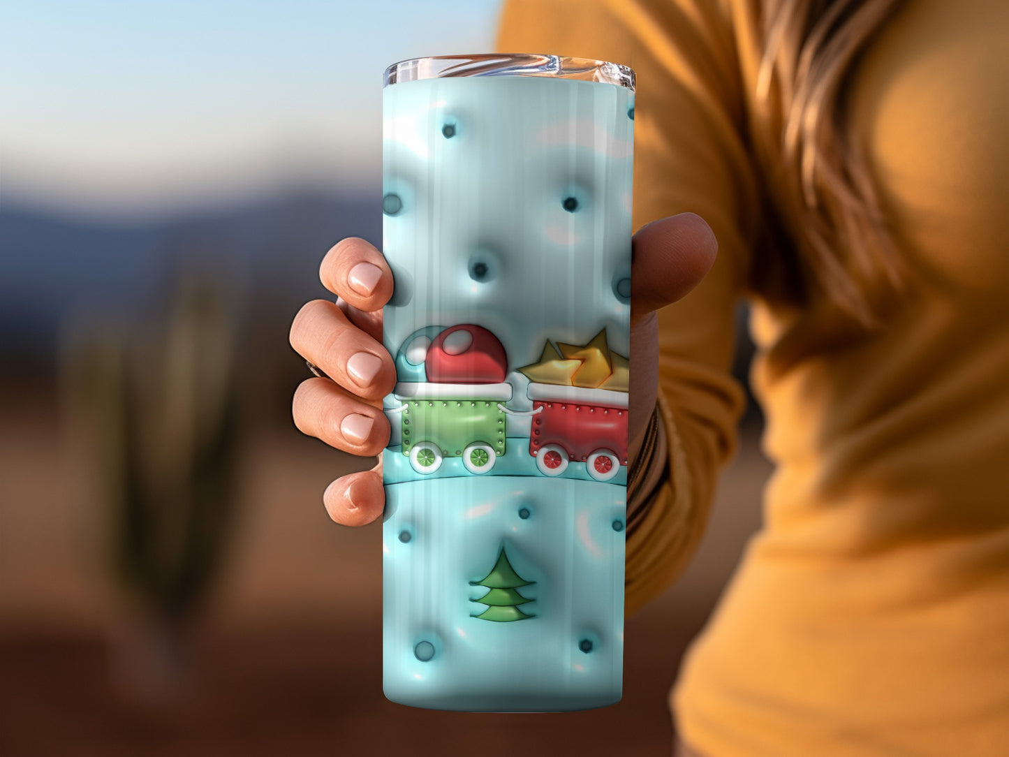 Festive Holiday Train Tumbler with Christmas Tree