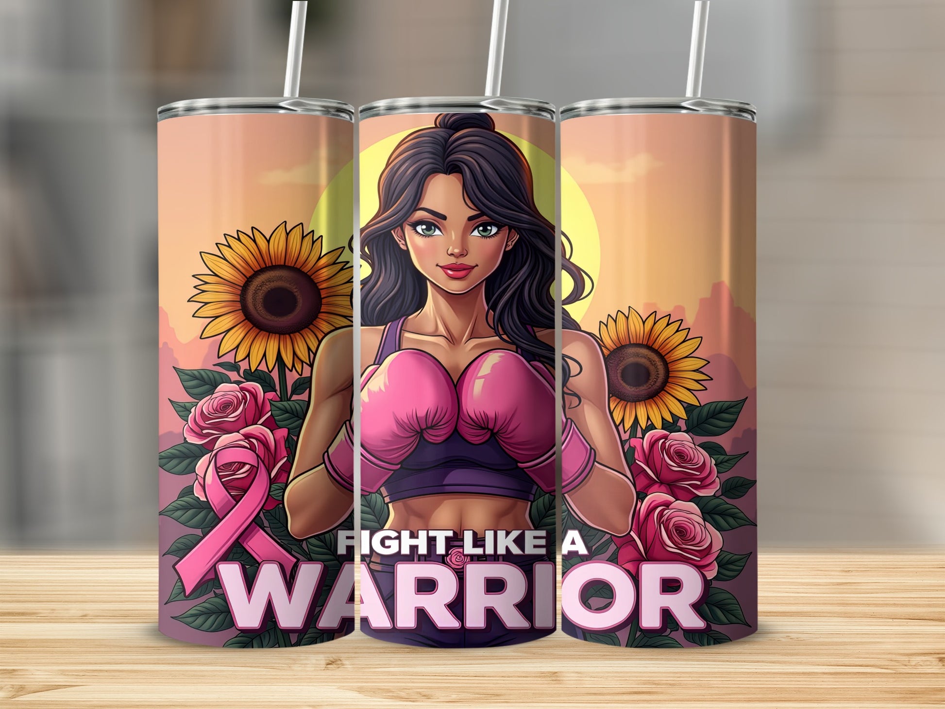 Woman with boxing gloves and pink ribbon on a tumbler with sunflowers and roses.