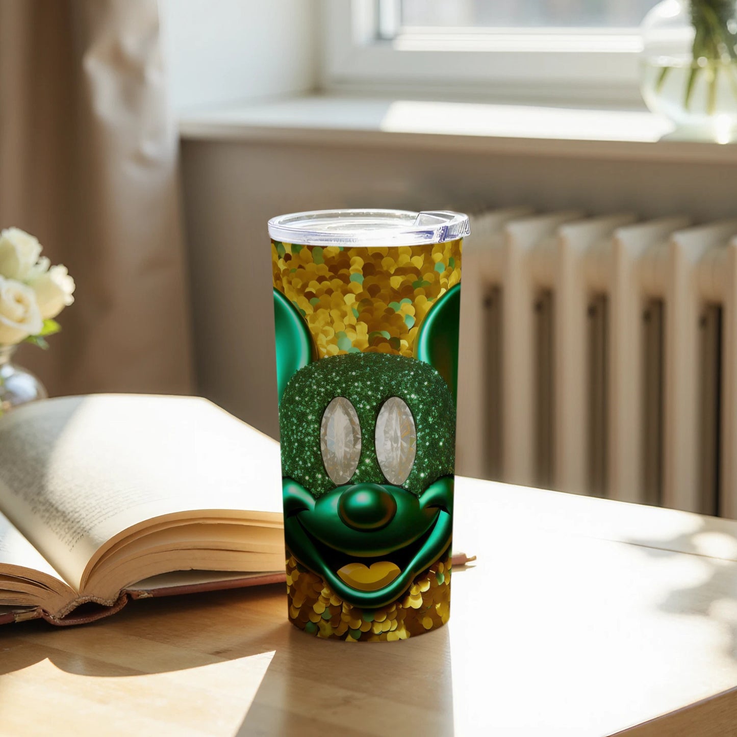 Glittery Green Mouse Tumbler with Gold Confetti Pattern